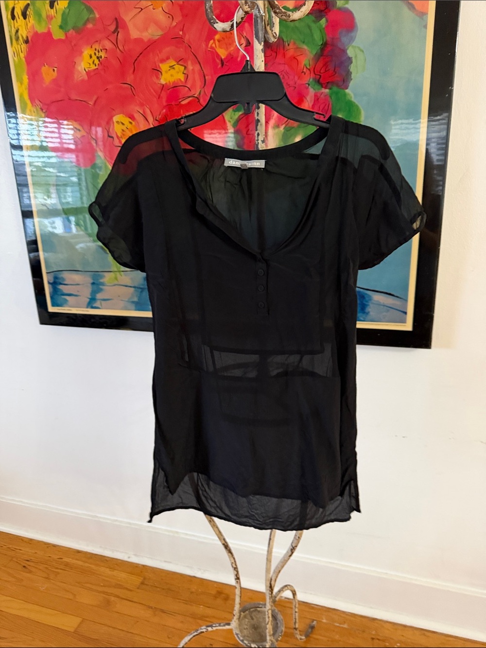 Daniel Rainn Sheer Black Short Sleeve Henley Blouse